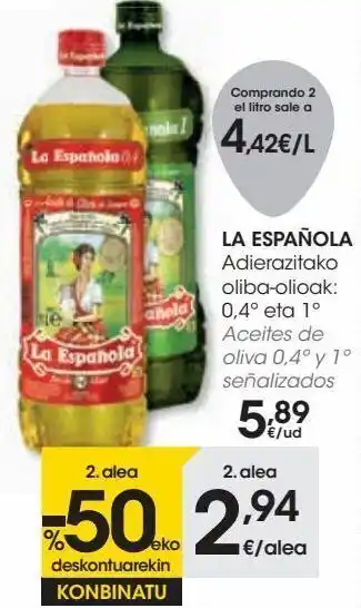 Eroski La española aceites de oliva 0.4º y 1º señalizados oferta