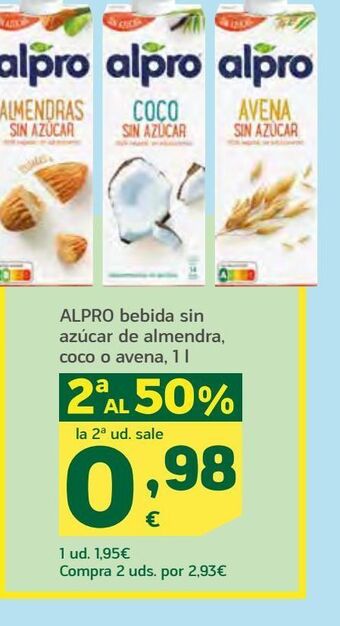 HiperDino Alpro bebida sin azúcar de almendra, coco o avena oferta