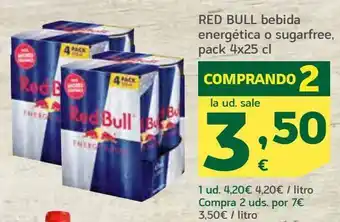 HiperDino Red bull bebida energética o sugarfree, pack 4 oferta