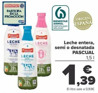Carrefour Leche entera, semi o desnatada pascual oferta