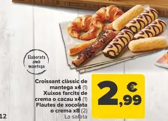 Carrefour Croissant clásico de mantequilla, pepitos rellenos de crema o cacao, flautas de chocolate o crema, la bandeja oferta