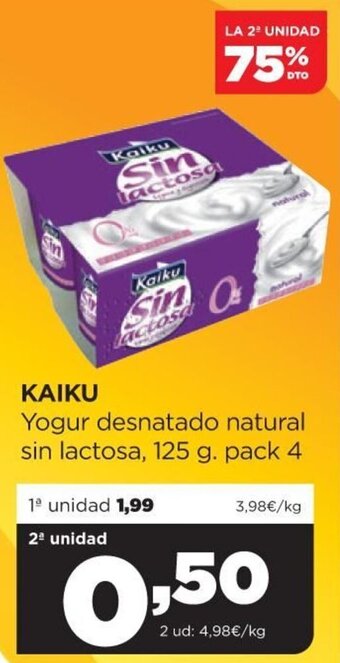 Alimerka Kaiku Yogur desnatado natural sin lactosa 125 g. pack 4 oferta