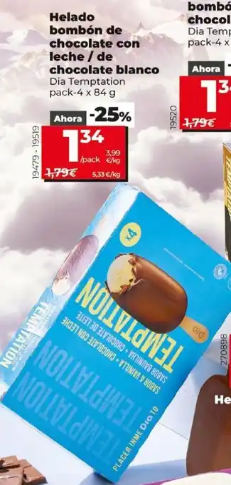 Dia Helado bombón de chocolate con leche / de chocolate blanco Dia Temptation pack - 4 x 84 g oferta