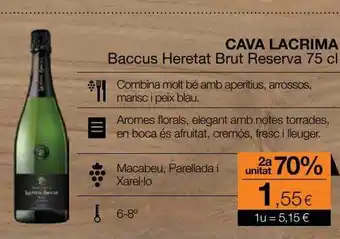 Plusfresc 2a Unitat 70% Cava Lacrima Baccus Heretat Brut Reserva oferta