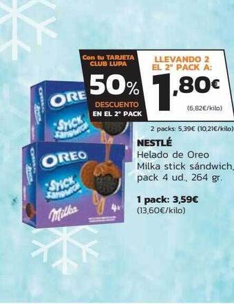 Supermercados Lupa Nestlé Helado De Oreo Milka Stick Sándwich Pack 4 oferta