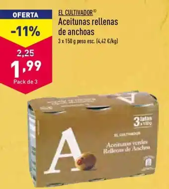 ALDI El Cultivador Aceitunas rellenas de anchoas 3 x 150 g oferta