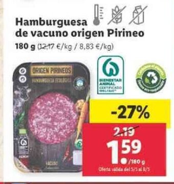 Lidl Hamburguesa de vacuno origen Pirineo 180g oferta