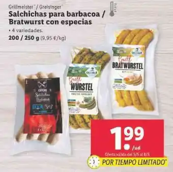 Lidl Grillmelster / Greisinger Salchichas para barbacoa / Bratwurst con especias 200/250g oferta