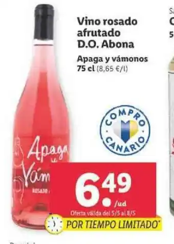 Lidl Vino rosado afrutado D.O. Abona Apaga y vámonos 75cl oferta