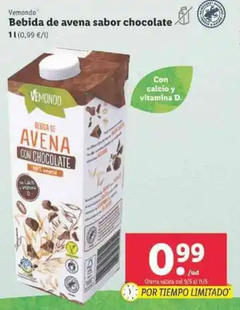Lidl Vemondo Bebida de avena sabor chocolate 1L oferta