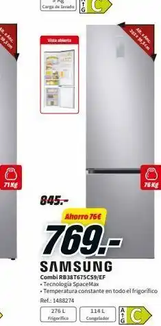 MediaMarkt Arka vista abierta 38,5 77 76 kg 845.- ahorro 76€ 769.- samsung combi rb38t675cs9/ef tecnología spacemax • temperatura oferta