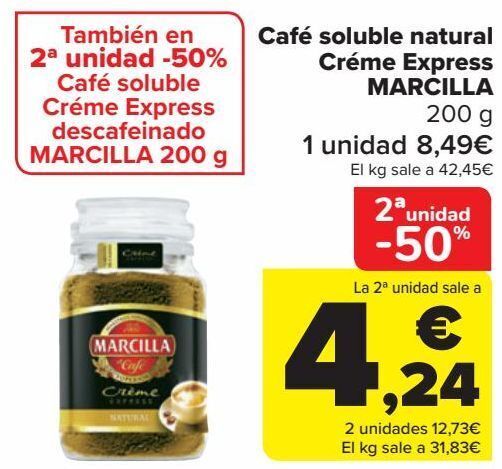 Comprar Café Soluble Natural Créme Express Marcilla 200 G. en Carrefour  Market online con Lola Market