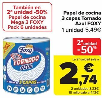 Carrefour Papel de cocina 3 capas tornado azul foxy oferta