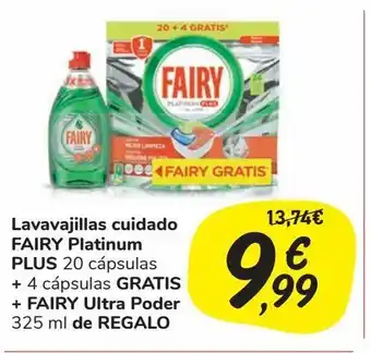Carrefour Market Lavavajillas cuidado fairy platinum plus 20 cápsulas + 4 cápsulas gratis + fairy ultra poder 325 ml de regalo oferta