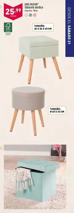 ALDI Home Creation Taburete nórdico 100kg Tamaño 36x36x45 cm oferta