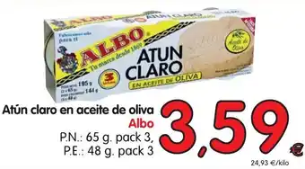 Alimerka Albo Atún claro en aceite de oliva, P.n.: 65g pack 3, P.e.: 48g pack oferta