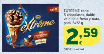 HiperDino Extreme cono 3 chocolates, doble vainilla o fresa y nata, pack 6 x 72g oferta