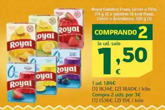 HiperDino Royal Gelatina Fresa, Limón o Piña, 114g (1) o gelatina 10 k cal Fresa, Limón o Arandanos, 100g (2) oferta