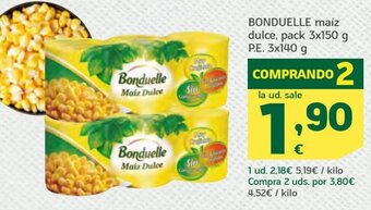 HiperDino Bonduelle maíz dulce, pack 3x150 g P.E 3x140 g oferta