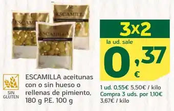 HiperDino Escamilia aceitunas con o sin hueso o rellenas de pimiento, 180 g P.E. 100 g oferta