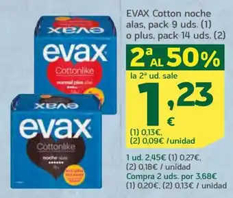 HiperDino evax Cotton noche alas, pack 9 uds. (1) o plus, pack 14 uds.(2) oferta