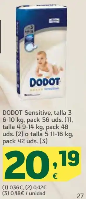 HiperDino Dodot Sensitive, talla 3 6-10 Kg, pack 56 uds. oferta
