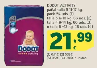 HiperDino Dodot activity pañal talla 5 11-17 kg, pack 54 uds. , talla 3 6-10 kg, 66 uds. , talla 4 9-14 kg, 60 uds. o talla 6 +13 kg, 4 oferta