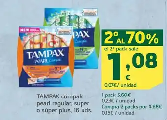 HiperDino Tampax compak pearl regular, súper o súper plus, 16 uds. oferta