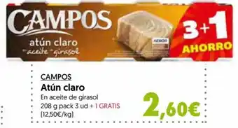 Hiper Usera Campos Atún Claro En Aceite de Girasol 208 g Pack 3 Ud. + 1 Gratis oferta
