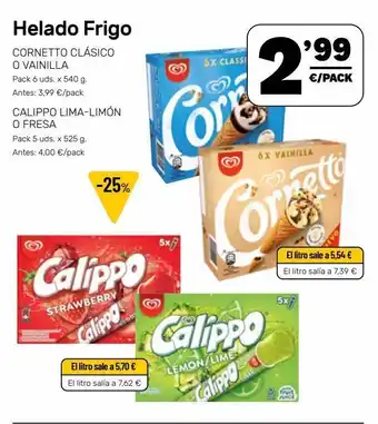 AhorraMas Helado frigo (cornetto clásico o vainilla / calippo lima-limón o fresa) pack 6 uds x 240g oferta