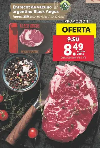 Lidl Black Angus Entrecot de vacuno argentino Aprox. 280 g oferta