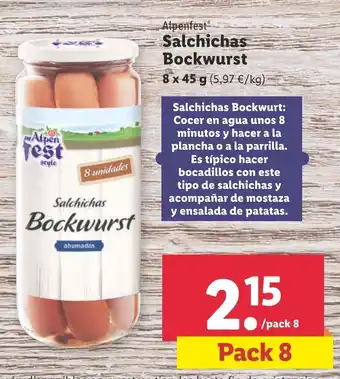 Lidl Alpenfest Salchichas Bockwurst 8 x 45 g oferta