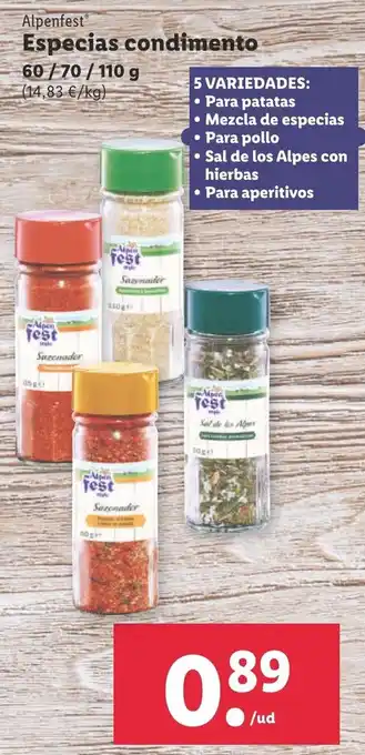 Lidl Alpenfest Especias condimento 60 / 70 / 110 g oferta
