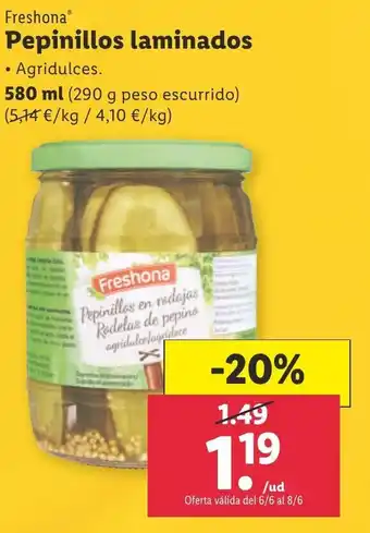 Lidl Freshona Pepinillos laminados 580 ml oferta