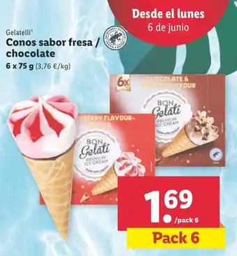 Lidl Gelatelli Conos sabor fresa/chocolate 6 x 75 g Pack 6 oferta