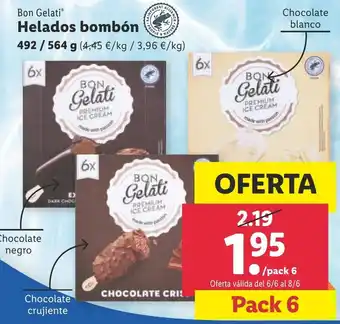 Lidl Bon Gelati Helados bombón 492 / 564 g Pack 6 oferta
