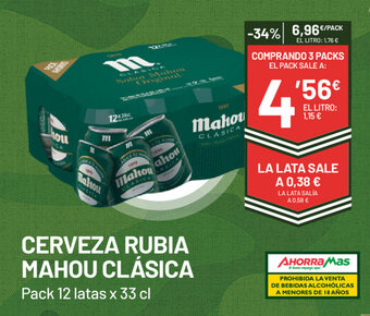 AhorraMas Cerveza Rubia Mahou Clásica Pack 12 latas x 33cl oferta