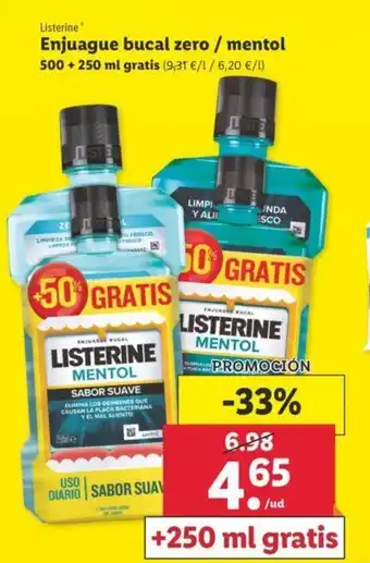 Lidl Enjuague bucal zero/mentol 500+250ml oferta