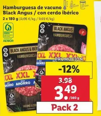 Lidl Hamburguesa de vacuno Black Angus/ con cerdo ibèrico 2 x 180g oferta