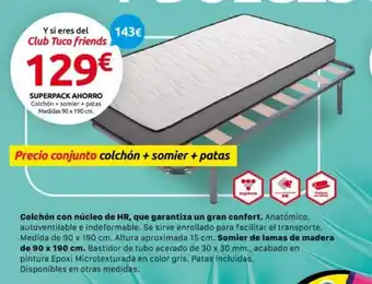 Tuco Superpack Ahorro Colchón + Somier + Patas Medidas 90 x 190 cm oferta
