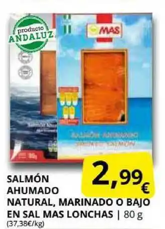 Supermercados MAS Salmón Ahumado Natural Marinado O Bajo En Sal Mas Lonchas oferta