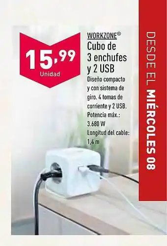 ALDI Workzone Cubo De 2 Enchufes Y 2 Usb oferta