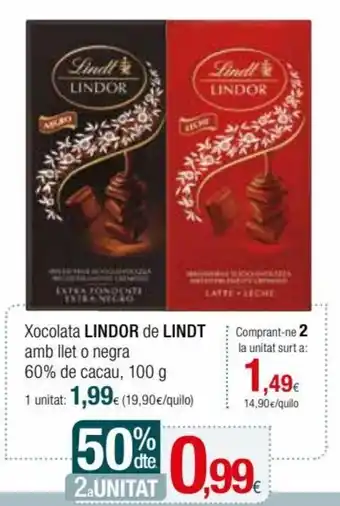 Condis Lindor de Lindt Xocolata Amb Llet o Negra 60% de Cacau, 100 g oferta
