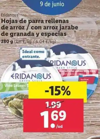Lidl Eridanous Hojas De Parra Rellenas De Arroz Con Arroz Jarabe De Granda Y Especias oferta