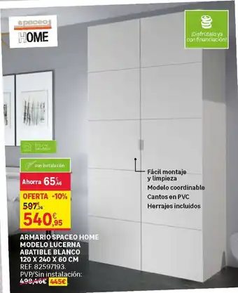 Leroy Merlin Spacio Home Armario Modelo Lucerna Abatible Blanco 120 x 240 x 60 cm oferta