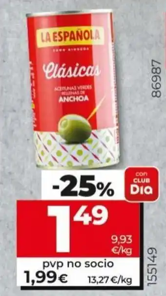 La Plaza de DIA La Española Aceitunas verdes rellenas de anchoa 150 g oferta