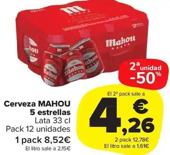 Carrefour Market Mahou Cerveza 5 Estrellas Lata 33 cl Pack 12 Unidades oferta