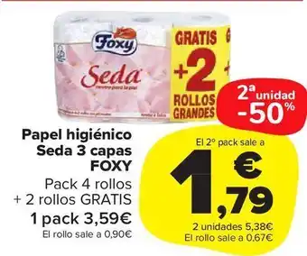 Carrefour Market Foxy Papel Higiénico Seda 3 Capas Pack 4 Rollos + 2 Rollos Gratis oferta