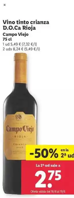 Lidl -50% En La 2a Ud Vino Tinto Crianza D.o.ca Rioja Campo Viejo oferta