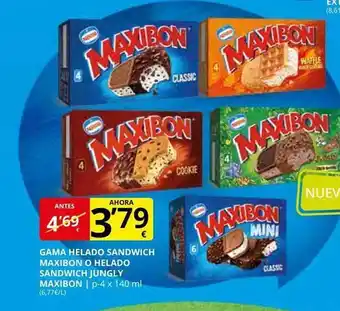 Supermercados MAS Gama Helado Sandwich Maxibon O Helado Sandwich Jungly Maxibon oferta